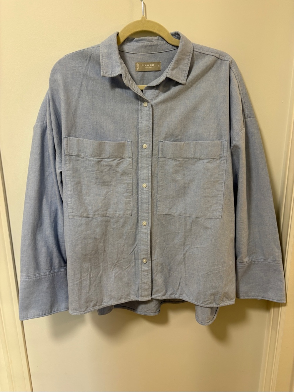 Everlane Lightwash Button Up Denim Top  Sz M Boxy Square Cut Organic Cotton